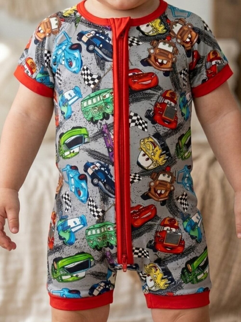 Zoom Time Bamboo Short Zippy 12M | Race Car Double Zipper Romper